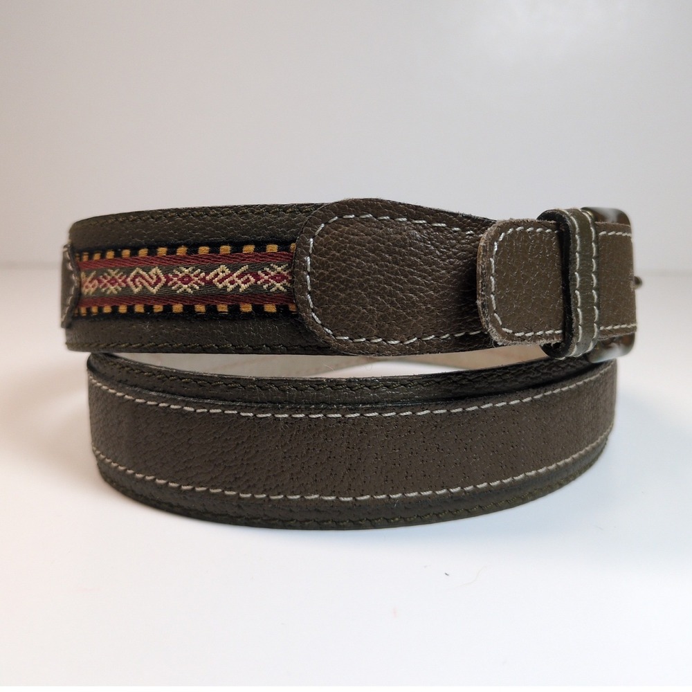 Vtg Daniel Hechter Leather Belt Brown Woven Inlay Tribal Southwestern France 33"